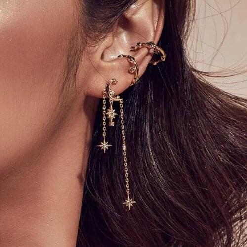 Romantic Gorgeous Women Jewelry Fashion Moon Star Charms 3 Tassel Chain Starburst Dangling Drop Earring