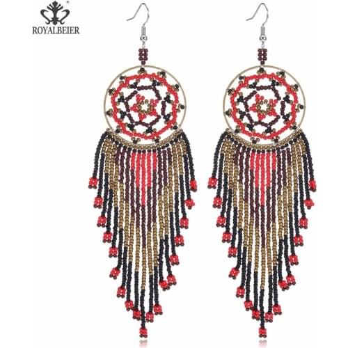 ROYALBEIER Long Tassel Feather Shape Beads Bohemian Female Dangle Earring Wedding Party Drop Jewelry Bijoux Statement Earrings