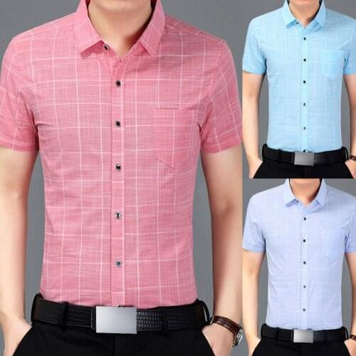 Summer Mens Shirts Business Social Shirt Plaid Turndown Collar Pocket Buttons Top for Working Pullover Formal Office Clothing