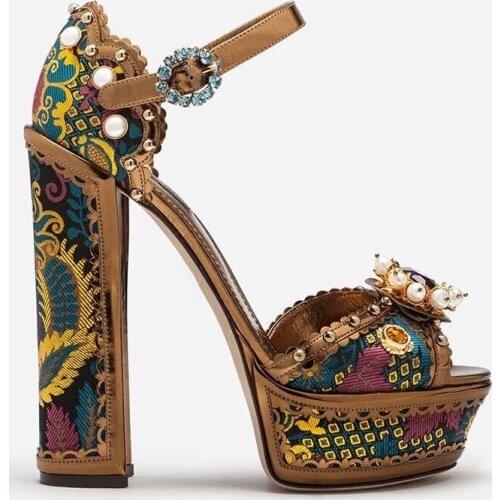 Luxury Diamond Flower Pearl Chunky Heels Sandals Folk Floral Embroidery Platform Summer Peep Toe Cutouts Party Heels Shoes