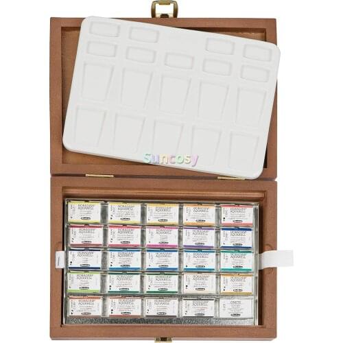 Schmincke : Horadam Watercolour : Wood Box Set of 24 Full Pans, Porcelain palette also included