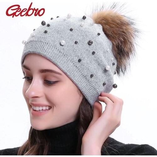Geebro Womens Beanie Hat Winter Cashmere Knitted Pearl Slouchy Beanie With Raccoon Pompom for Female Wool Double Layer Skullies