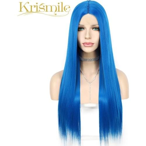 Synthetic Lace Wig Futura Fiber Blue T-Part Long Straight for Women Daily High Temperature Cosplay Party Drag Queen Drag Queen