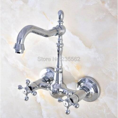 Polished Chrome Brass Dual Cross Handles Wall Mounted Bathroom Kitchen Sink Faucet Swivel Spout Mixer Tap Lnf582