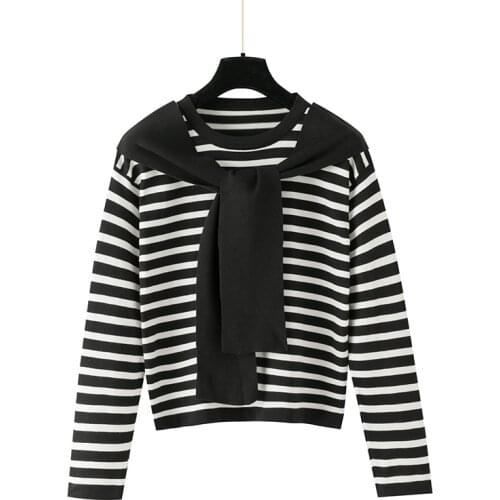 Knitted Fake Two-piece Thin Womens Sweater Long Sleeve Striped Casual Top Spring Autumn Korean Fashion Pullover Women Clothing
