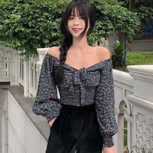 Womens Fashion V Neck Shirt Floral Print Sexy Slim Exposed Navel Chiffon Long Sleeve Blouses