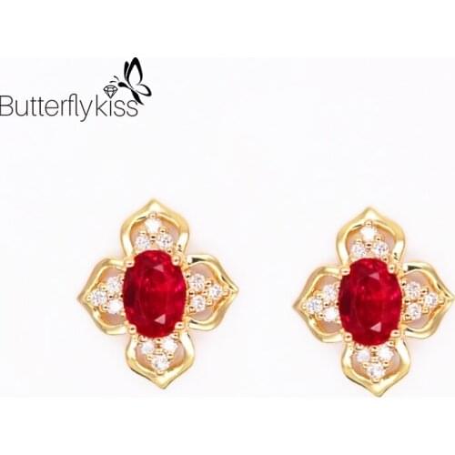BK 18k Yellow Gold Stud Earrings For Women Flower Ruby Gemstone Diamond Earrings Anniversary Engagement Fine Jewelry Gifts