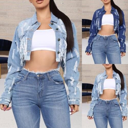 Womens Cropped Jackets With Holes On The Back And Cutout Denim Jacket Autumn Female Short Denim Coat jaqueta jeans feminina