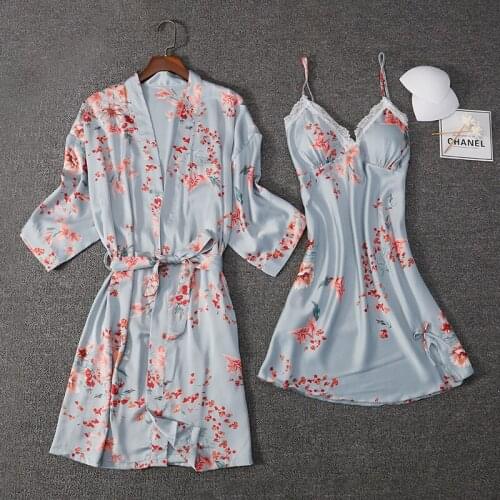 Summer Spring Women Nighty&Robe Set Print 2pcs Sleepwear Casual V-Neck Short Kimono Bath Gown Nightwear Silky Satin Nightdress