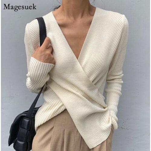 Office Lady V-neck Cross Knitted Women Sweater Long Sleeve Slim Striped Jumper Sweater Woman Korean Autumn Winter Sweaters 16711