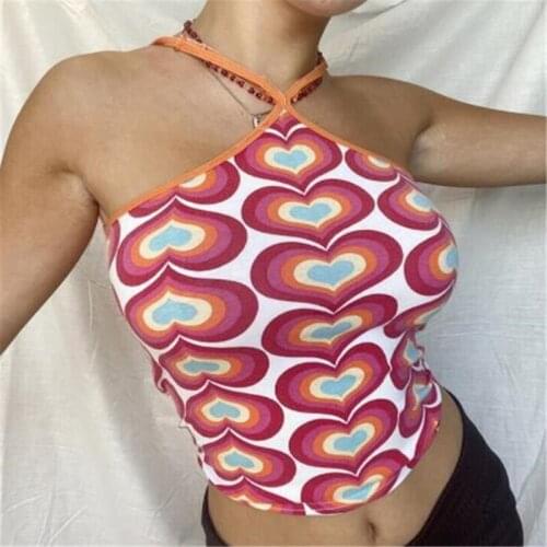 Women Love Heart Print Vest, Slim Fit Sleeveless Lace-up Cropped Tops for Summer