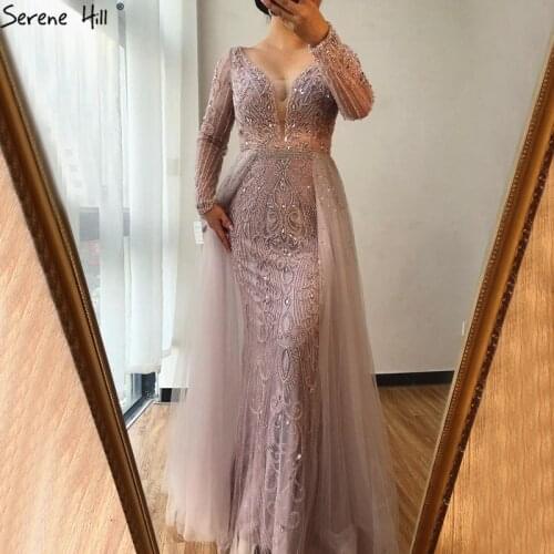 Serene Hill Dubai Pink Luxury Beaded Evening Gown 2021 Sexy V-Neck Long Sleeves Mermaid For Women Formal Party Dress CLA70433