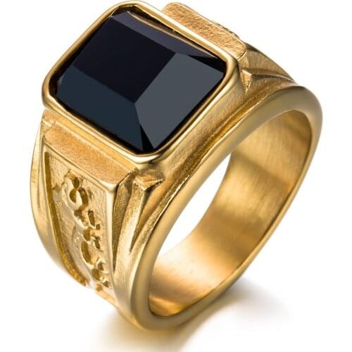 Gold Color 316 Stainless Steel Square Natural Stone Ring Mens Signet Rings Oriental Dragon Totem Hip Hop Rock Jewelry Size 7-13