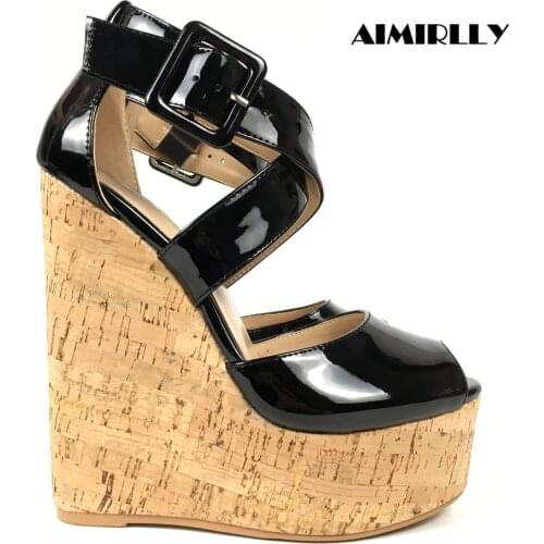 Women Cork Wedge Sandals High Heel Platform Summer Shoes Cross Strap Cover heel Comfortable Patent Leather Black Aimirlly