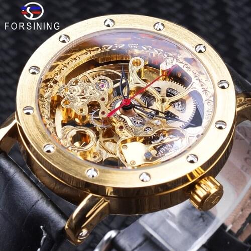 Forsining Luxury Golden Skeleton Watches Black Genuine Leather Openwork Clock Waterproof Mens Automatic Watches Top Brand Luxury