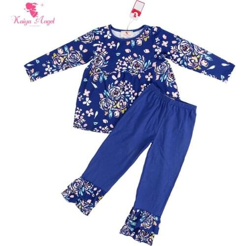 Kaiya Angel Kids Clothes Girls Baby Girls Clothing Set Autumn Fall Clothes Royal Blue Floral Shirt Pants Suit Girl Outfit