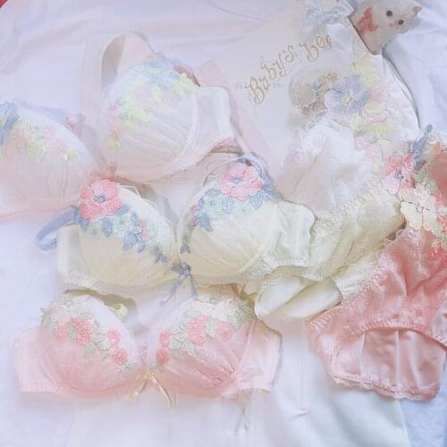 Delicate Flower Embroidery Japanese Bra & Panties Set Thin Underwire Soft Underwear Intimates Set Kawaii Lolita Fairy Kei