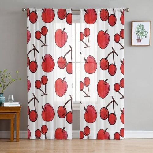 Red Watercolor Cherry Apple White Sheer Curtains for Living Room Bedroom Kitchen Chiffon Tulle Curtains Home Hotel Coffee Decor