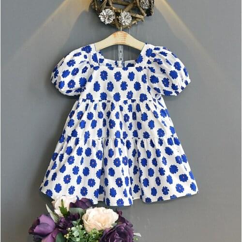 Summer Girls' Dress Wide A Version Puff Sleeve Bright Color Flowers Print Sweet Princess Dress Baby Kids ChildrenS Clothing