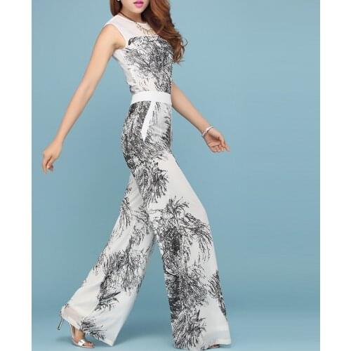 Summer Womens Fashion Sleeveless Black Printed Floral White Wide Leg Chiffon Jumpsuits , Women Female Casual Patchwork Overalls