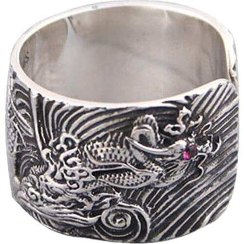 BOCAI New Vintage mens s925 silver ring wandering dragon wide version ring 925 sterling silver Thai silver ring for men