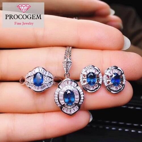 Natural Sapphire Jewelry sets for Ladies 0.6ctx4pcs Genuine gemstone Necklace/Ring/Stud Earrings fine Jewelry Silver 925 #299