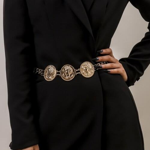 2021 New Retro Flannel Chain Tassel Body Chain Exaggerated Round Alloy Embossed Portrait Waist Chain Wedding Party Jewelry Gift