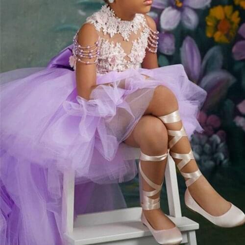 Formal Purple High Low Ruffle Tulle Flower Girls Dresses For Wedding High Collar Beading Lace Layered Kids Birthday Party Skirts