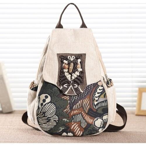 Chinese Style Linen Women Backpack Casual Floral Printing Vintage Art Shoulders Bag Retro Female Canvas Backpack