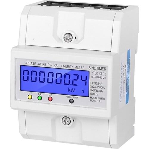 RS485 Modbus Rtu DIN Rail 3 Phase 4 Wire Electronic Wattmeter Power Consumption Energy Meter 5-80A 380V AC 50Hz LCD Backlight