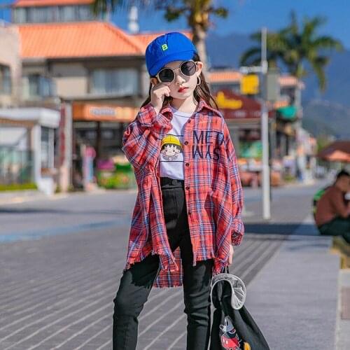Girls Plaid Shirt 2021 Spring Teenage School Girl Shirts for Girls Blouse Kids Plaid Blouse Loose Top Long Sleeve Oversized