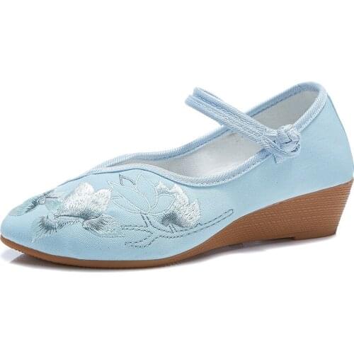 YourSeason Ladies Cotton Fabric Embroidery 4cm Wedge Shoe Pointed Toe Women Comfort Vintage Chinese Embroidered Shoes Mid Heels