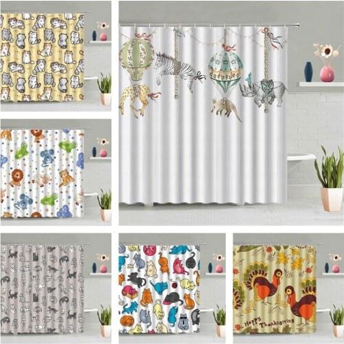 Peacocks Animal Shower Curtain Hot Air Balloon Giraffe Elephant Owl Cat Flower Tree Plant Leaf Children Bathroom Waterproof Set