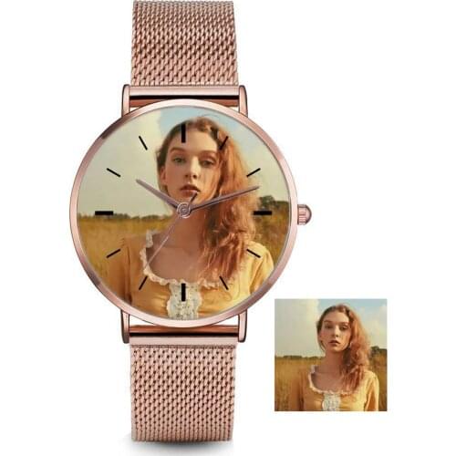 Design Your Watch, Oem Custom, Print Pictures, Diy Photo Rose And Silver Mesh Belt Watchband Minimalist Quartz Movement
