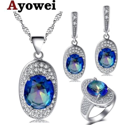 Ayowei Silver ingots Rainbow color trendy Earrings Necklace pendant Rings Jewelry Sets USA size #6#7#8#9#10 JS714A