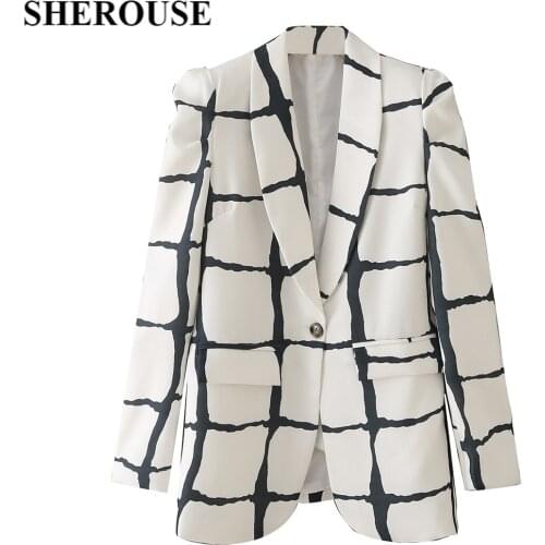 SHEROUSE Women Fashion Single Button Plaid Oversized Blazer Vintage Long Sleeves Notched Neck Office Lady Suit veste femme