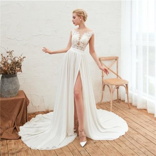 9621#Elegant Wedding Dresses O Neck Sleeveless Applique Slit Sweep Train Chiffon Custom Made Wedding Gown 2021 Vestido de Novia