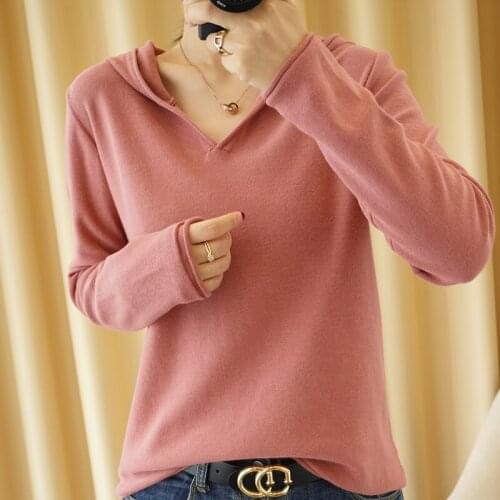 Zocept Autumn Winter New Pure Cotton Hooded Sweater Womens V-Neck Pullovers Casual Loose Knitted Roll-Up Long Sleeve Jumper Top