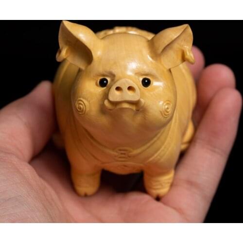 7CM Lucky Pig Boxwood Feng Shui Cute Piggy Zodiac Animal Sculpture Mascot Wood Statue Home Decor