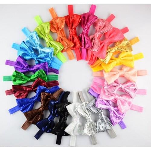 Design 5pcs/lot Kids Boutique Headband With 11cm Sequin Bowknot For Girls Elastic Headwear Hair DIY Accessories FDA123