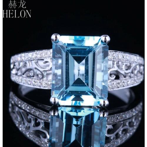 HELON Solid 10K White Gold Flawless Emerald Cut 10x8mm Genuine Blue Topaz Diamonds Engagement Wedding Fine Jewelry Diamond Ring