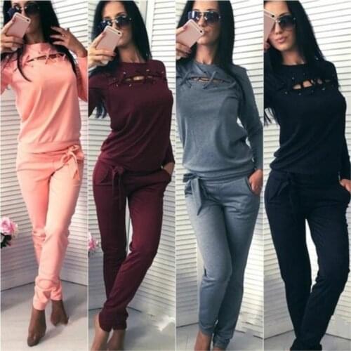 2020 Women Casual Solid Fitness Set Long Sleeve Hoody Long Pants Women Tracksuit Sportswear Spring Autumn