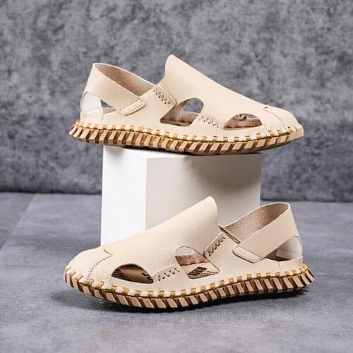 Leather mens sandals-men safety hollow slide fashion mens roman waterproof sport rubber for beach man male 2019 sandles men