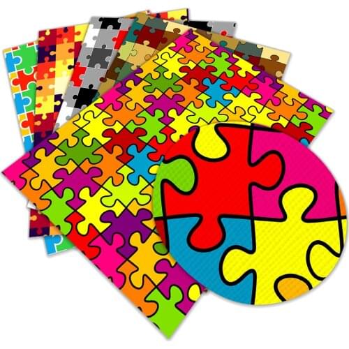 Puzzle Series Printing Faux Leather Fabric Sheets DIY Bows Earrings Crafts Synthetic Leather 22x30 cm