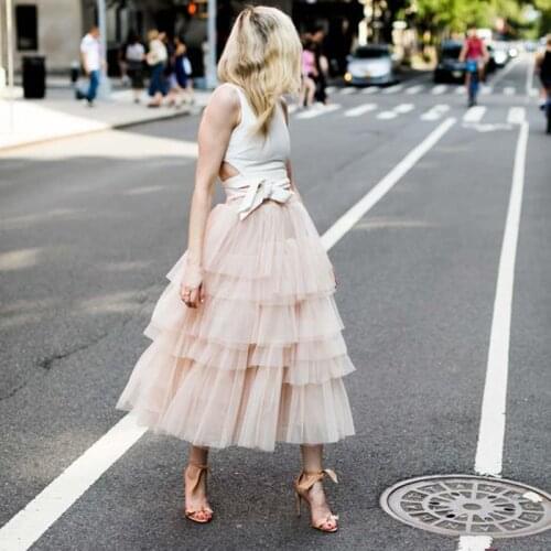 Trendy Light Champagne Ruffles Tulle Skirts For Yong Lady With Bow Sash Custom Made Ankle Length Tiered Tulle Skirt Women