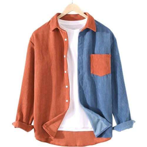 Mens Patchworks Corduroy Shirt Jacket Contrast Color Lapel Long Sleeve Shirts With Pocket NYZ Shop