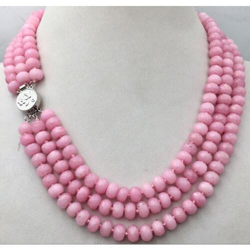 Huge 5x8mm NATURAL pink Rhodochrosite FACETED BEADS NECKLACE 3 Row 18-20'' jade