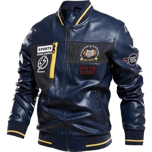 Autumn Winter Moto Spliced Fleece Leather Jacket Men Stand Collar Embroidery Baseball Pu Leather Coat chaquetas hombre M-4XL