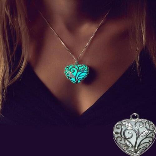 LURUIXU Heart Glowing In The Dark Pendant Necklace For Women Vintage Silver Colour Hollow Luminous Necklace Pendant Jewelry
