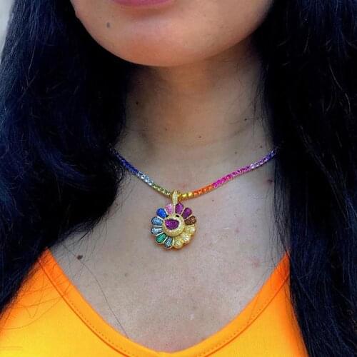 2020 New smile Face charm necklace With rainbow cz Tennis Chain Gold Bling colorful cz flower choker Necklace Hip hop Jewelry